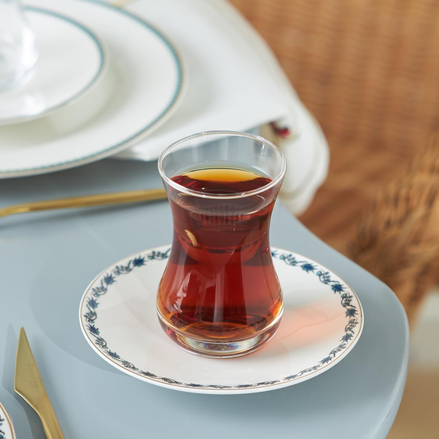 Karaca Iznik Turkish Teacups & Appetizer Plate Set for 6 People - Colorful Dessert Plates (7.4"), Small Turkish Tea Glasses with Saucers - 18 Piece Glass Tea Cups & Porcelain Dish Set