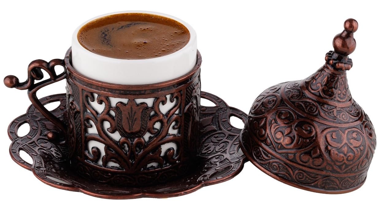 DEMMEX Turkish Greek Arabic Coffee Making and Serving Full Set with Cups, Saucers, Lids, Sugar Bowl, Tray and Antiqued Copper Coffee Pot, 12 Pcs (Chocolate)