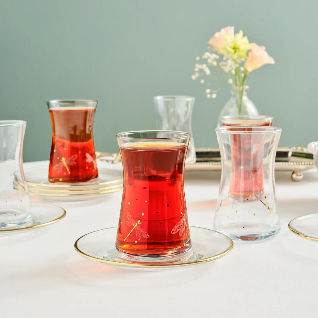 KARACA Yusufcuk Glass Turkish Tea Set with Saucers for 6 People, Turkish Tea Glasses Set of 12 for Adults, 170ml, Gold