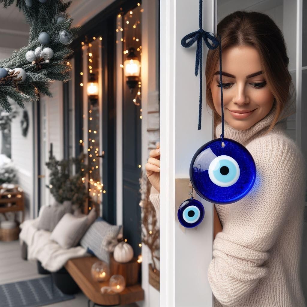 Erbulus 5" Glass Blue Evil Eye Wall Hanging Ornament - Evil Eye Decor - Turkish Handmade Nazar Amulet - Home Protection Charm - Evil Eye Wall Decor Amulet in a Box