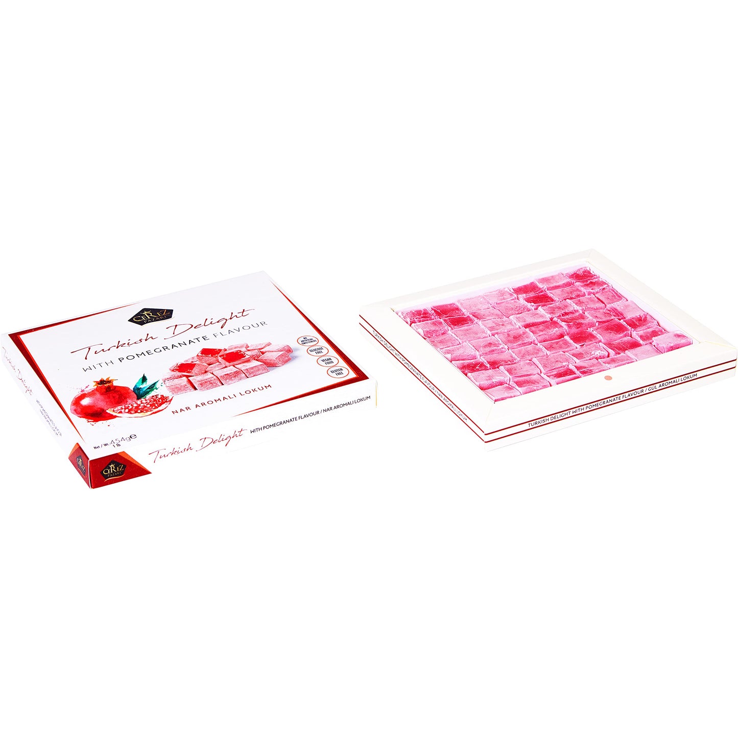 Turkish Delight Pomegranate Flavor, Gourmet Medium Size Snacks Gift Box, Sweet Luxury Traditional Confectionery, Vegan Soft Candy Dessert Loukoumi, Nuts & Glucose-Free Lokum, Approx. 42 Pcs, 16 oz.