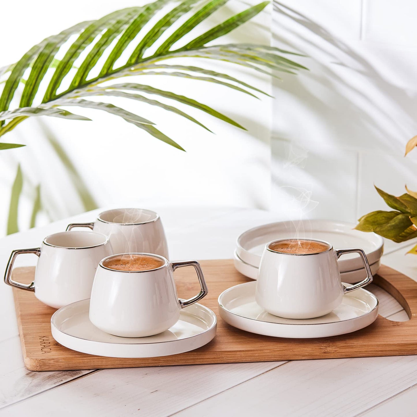 KARACA Saturn Platin Turkish Coffee Cup Set for 6 People - 12 Piece White Cups with Saucers - Small Porcelain Modern Set - Ideal for Serving Greek, Arabic Coffee & Espresso (3.3 fl oz)