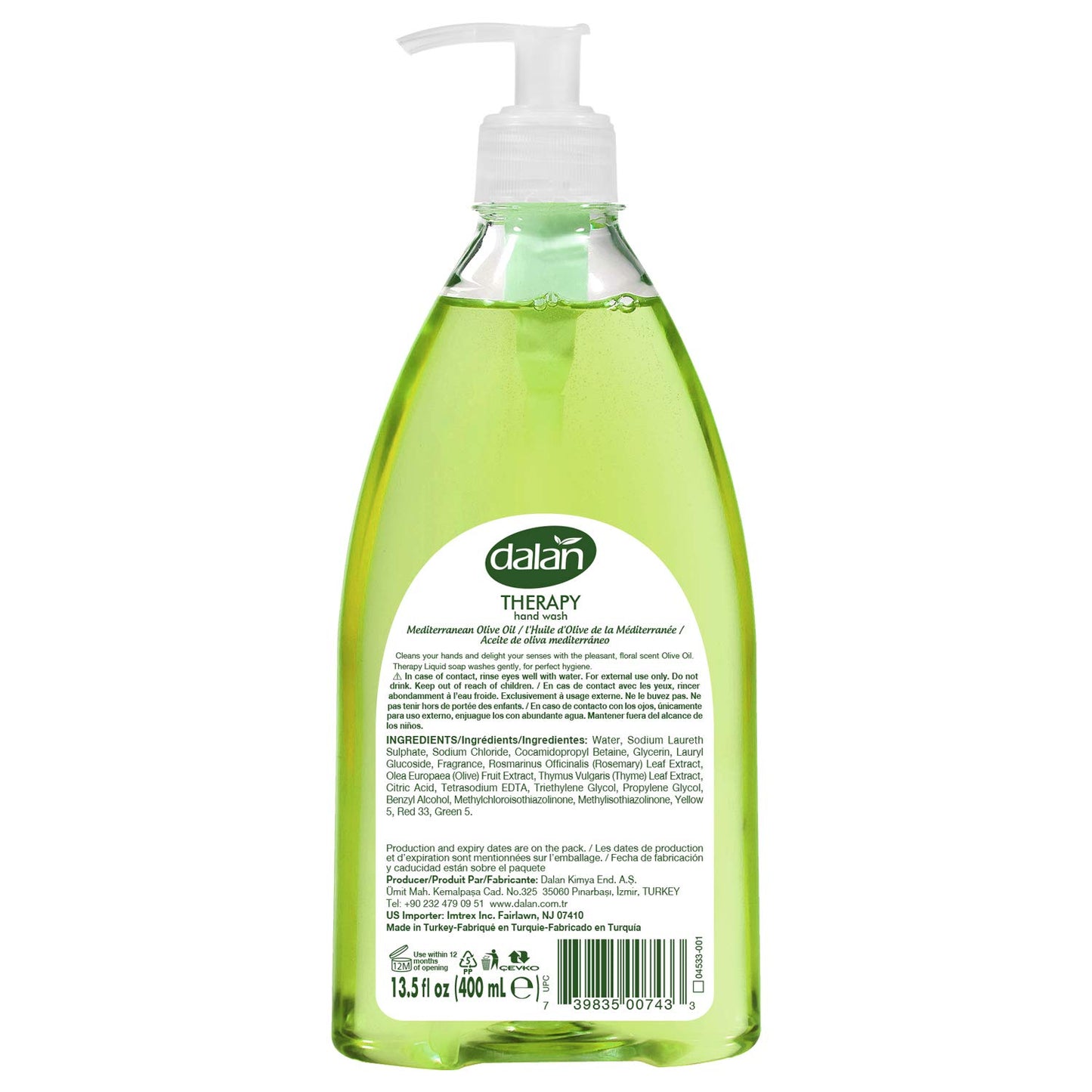 Dalan Therapy Mediterranean Olive Oil Ultra Moisturizing Liquid Hand Soap for Normal and Dry Hands Fresh Clean and Soft Feeling (13.5 Fl Oz / 400 mL (Pack of 4))