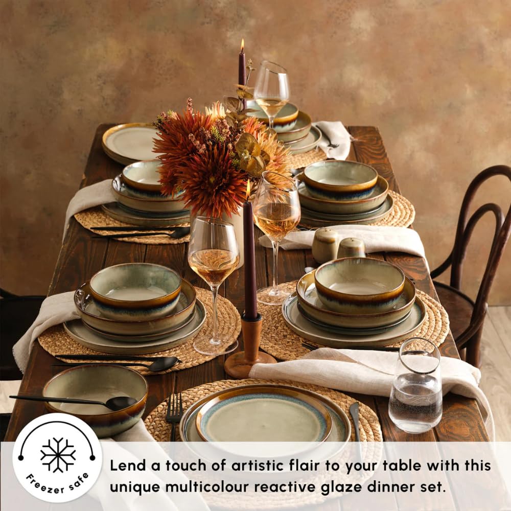 Karaca Earthy Stoneware Plates and Bowls Set, Reactive Glaze Dinner Set, Complete Kitchen Tableware Collection, Ideal Dinnerware for 12 People Dining Experience, Dishwasher Safe, 52 Piece