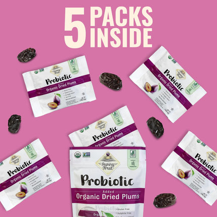 Sunny Fruit Organic Probiotic Prunes - 6 Bags (30 Individual Portion Packs) | Dried Plums Snack Packs with Live Probiotics | ORGANIC, NON-GMO, KOSHER, HALAL, NO PRESERVATIVES, NO SUGAR ADDED