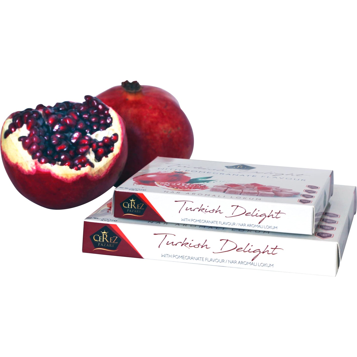 Turkish Delight Pomegranate Flavor, Gourmet Medium Size Snacks Gift Box, Sweet Luxury Traditional Confectionery, Vegan Soft Candy Dessert Loukoumi, Nuts & Glucose-Free Lokum, Approx. 42 Pcs, 16 oz.