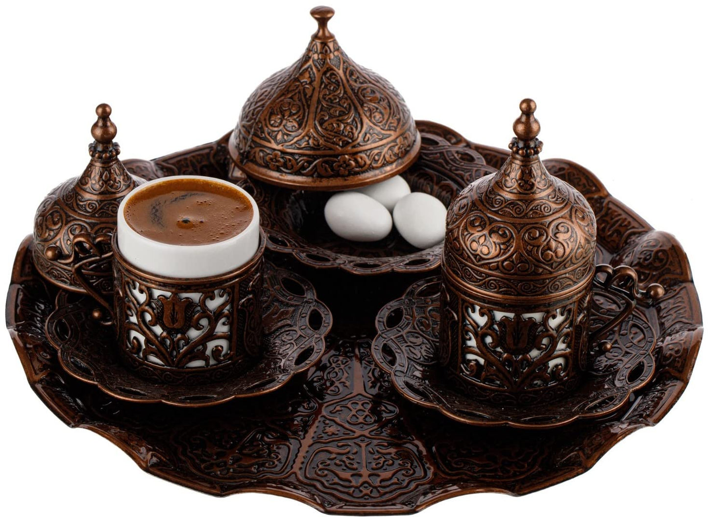 DEMMEX Turkish Greek Arabic Coffee Making and Serving Full Set with Cups, Saucers, Lids, Sugar Bowl, Tray and Antiqued Copper Coffee Pot, 12 Pcs (Chocolate)
