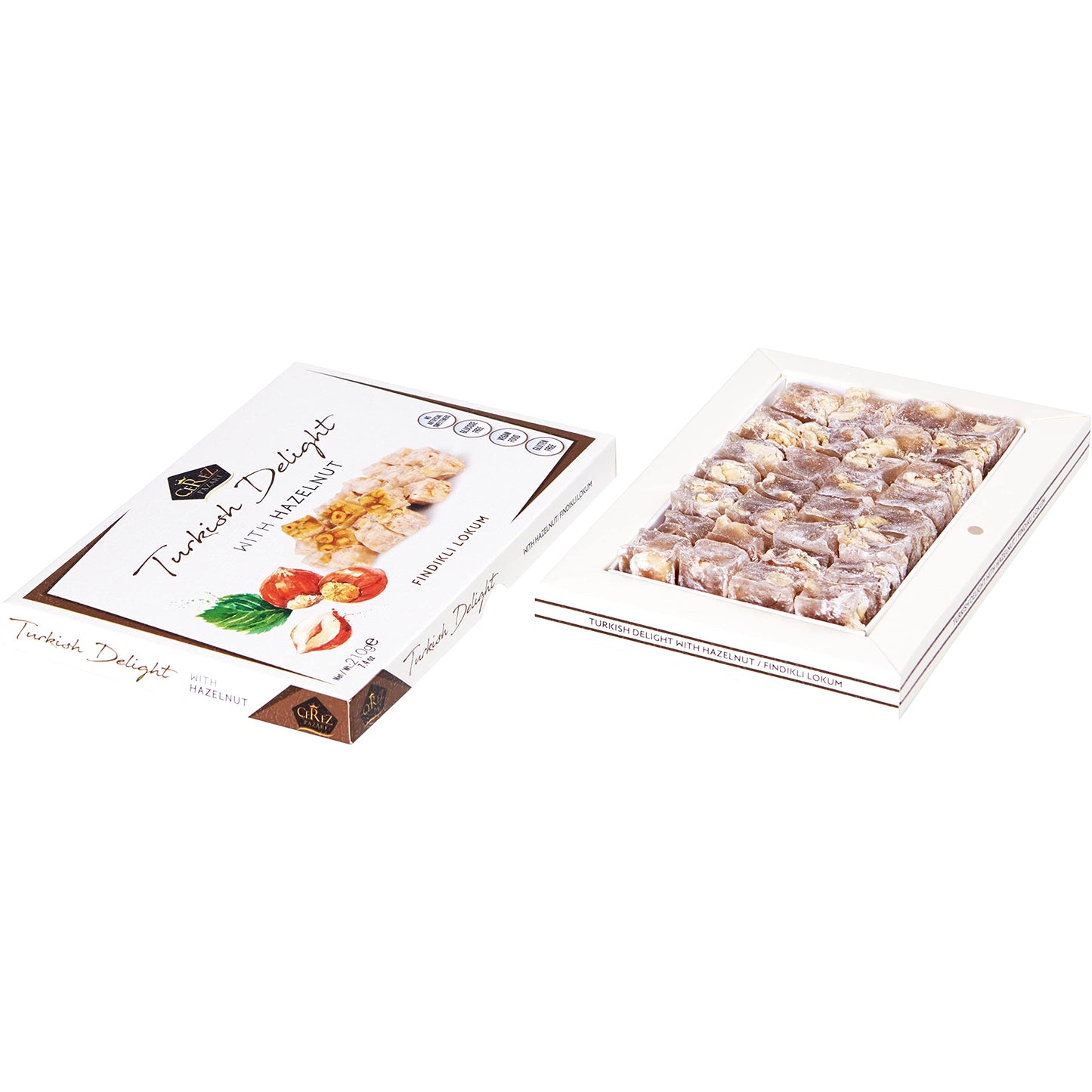 Cerez Pazari Turkish Delight Hazelnut Candy Gourmet Premium Vegan Sweets Small Gift Box 7.4oz | Luxury Traditional Soft Confectionery Lokum (Loukoumi) | Small Size Snacks Apprx.35 Pcs