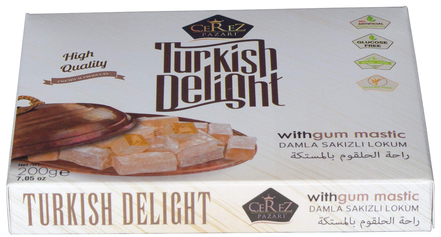 Cerez Pazari Turkish Delight with Fantastic Gum Mastic 7 oz Gourmet Small Size Snacks Gift Box | No Nuts Sweet Luxury Traditional Confectionery Vegan Soft Candy Dessert Glucose Free Lokum (Loukoumi) Approx.18 Pcs