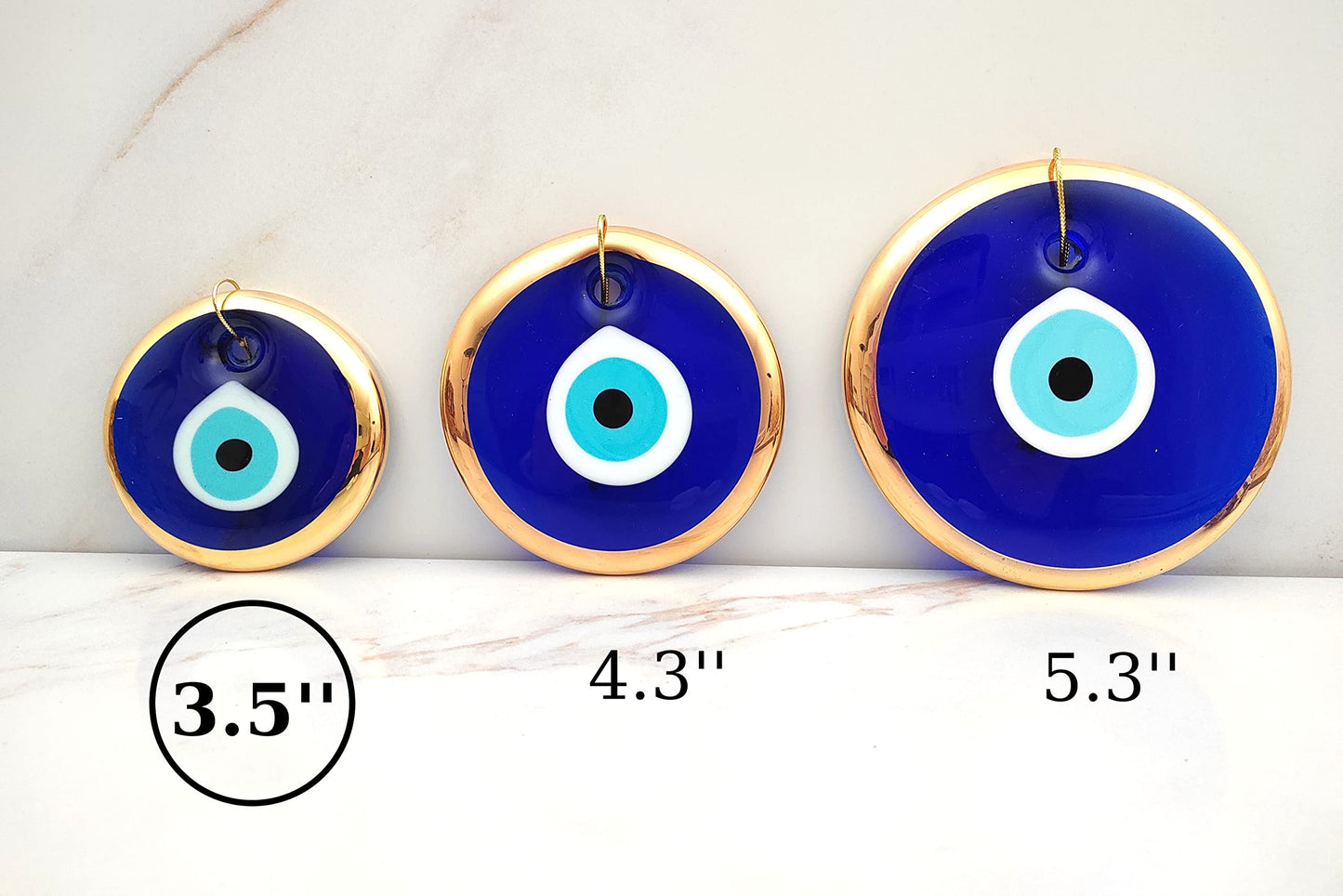 Erbulus 3.5" Glass Blue Evil Eye Wall Hanging Gold Ornament - Turkish Nazar Bead - Home Protection Charm - Gold Wall Decor Amulet in a Box (Medium)