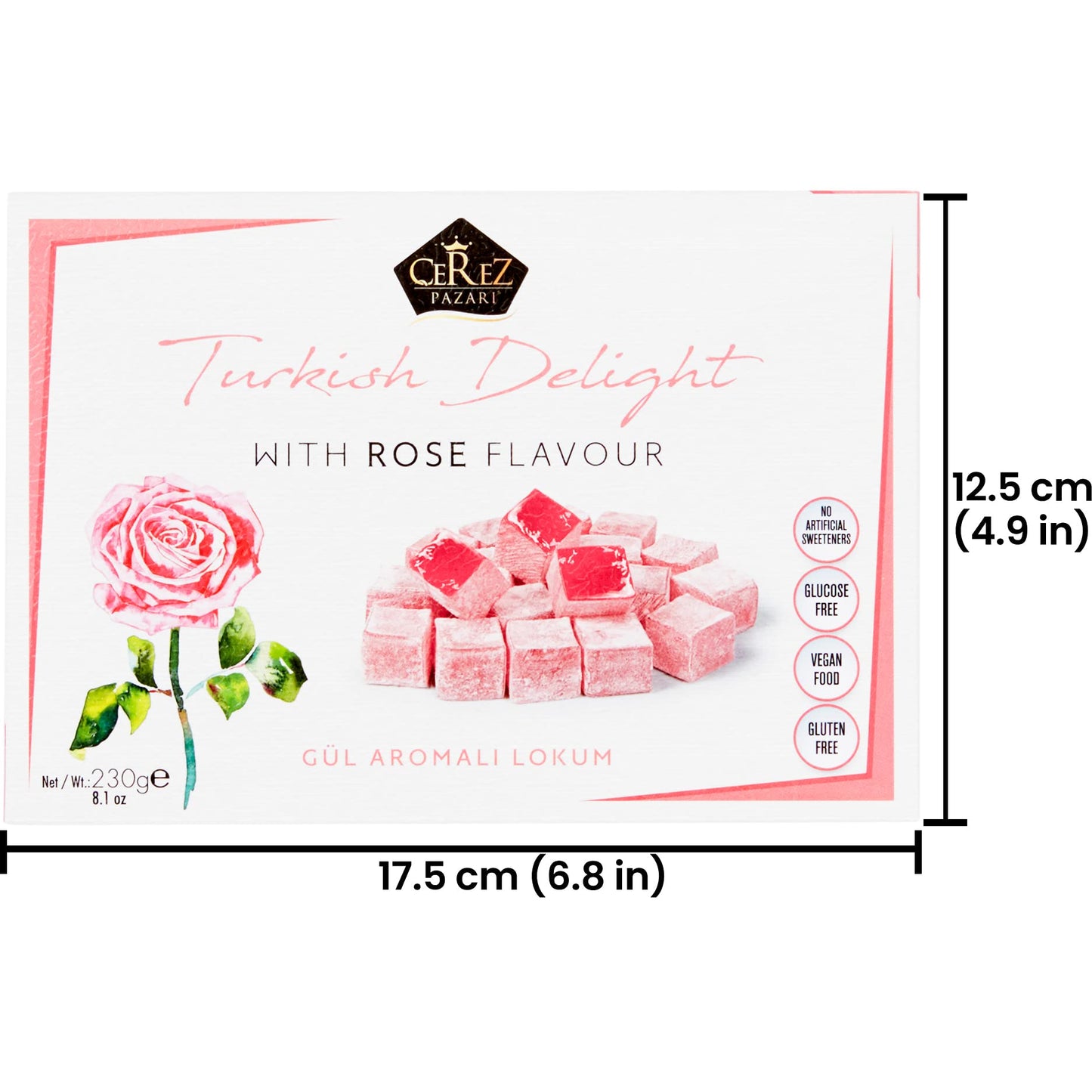Cerez Pazari Turkish Delight with Rose Flavour 230gr Gourmet Small Size Snacks Gift Box | No Nuts Sweet Traditional Vegan Soft Candy Dessert Approx 40 Pcs