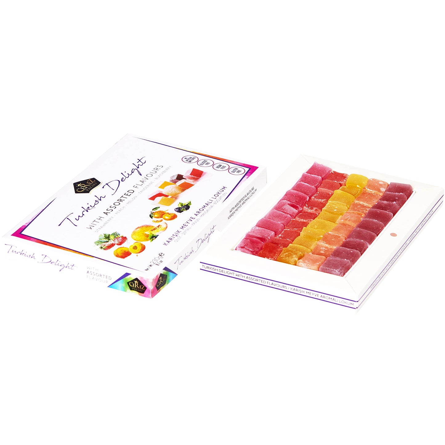 Cerez Pazari Turkish Delights Candy With Assorted Mix Flavors, Vegan Fruit Snacks Gift Box, Sweet Luxury Traditional Confectionery Lokum, Loukoumi With No Nuts, 8.1 oz.