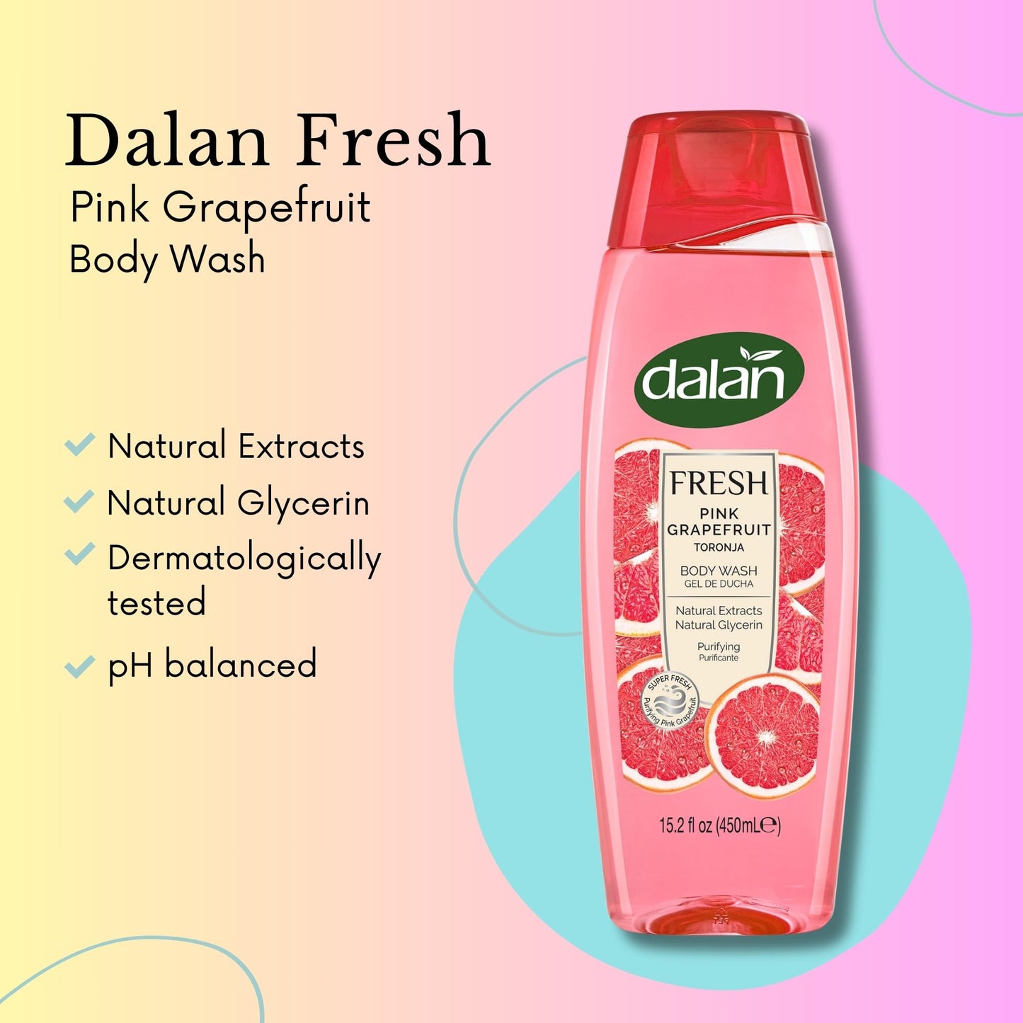 Dalan Natural Extracts Body Wash, with Fresh Pink Grapefruit & Aloe Vera & Sea Minerals, 15.2 fl oz (3 Pack, Grapefruit)