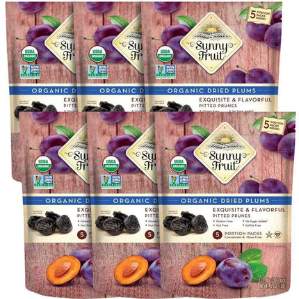 Sunny Fruit Soft Organic Prunes - 6 Bags (30 Individual Portion Packs) | Healthy, Convenient Dried Plums Snack Packs | ORGANIC, NON-GMO, VEGAN, HALAL, KOSHER, NO PRESERVATIVES, NO SUGAR ADDED
