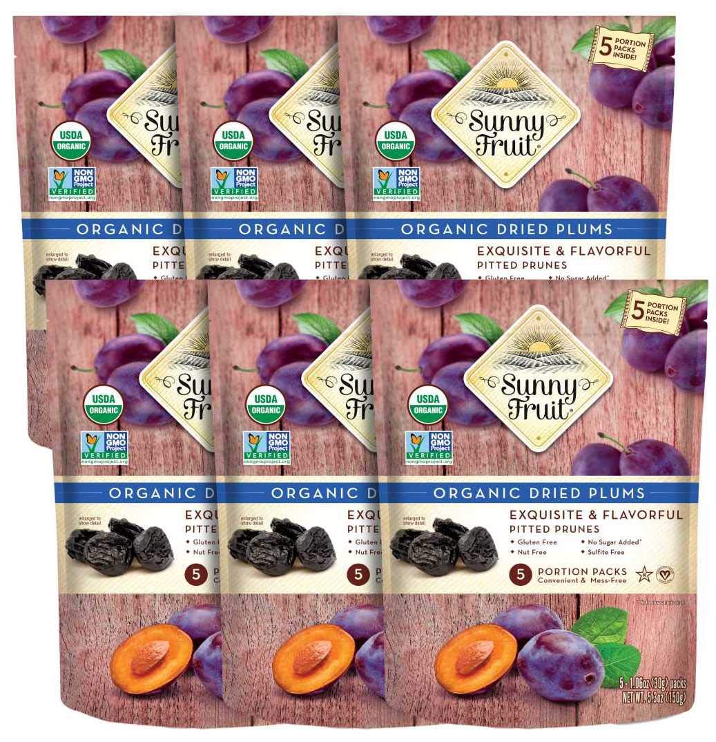Sunny Fruit Soft Organic Prunes - 6 Bags (30 Individual Portion Packs) | Healthy, Convenient Dried Plums Snack Packs | ORGANIC, NON-GMO, VEGAN, HALAL, KOSHER, NO PRESERVATIVES, NO SUGAR ADDED