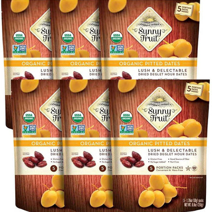 Sunny Fruit Organic Dried Pitted Deglet Nour Dates - 6 Bags (30 Individual Portion Packs)| Healthy, Convenient Superfood Snack Packs | ORGANIC, NON-GMO, HALAL, KOSHER, NO PRESERVATIVES, NO SUGAR ADDED