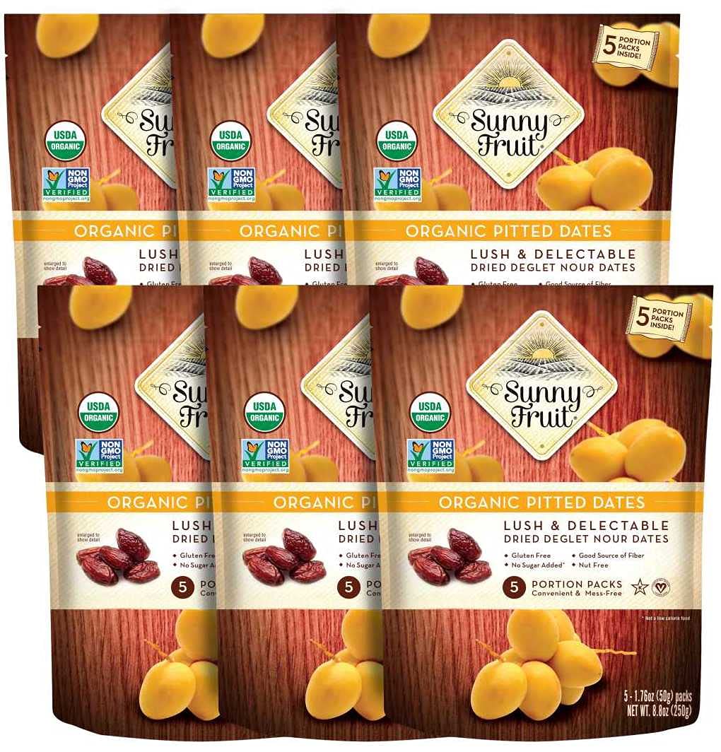 Sunny Fruit Organic Dried Pitted Deglet Nour Dates - 6 Bags (30 Individual Portion Packs)| Healthy, Convenient Superfood Snack Packs | ORGANIC, NON-GMO, HALAL, KOSHER, NO PRESERVATIVES, NO SUGAR ADDED