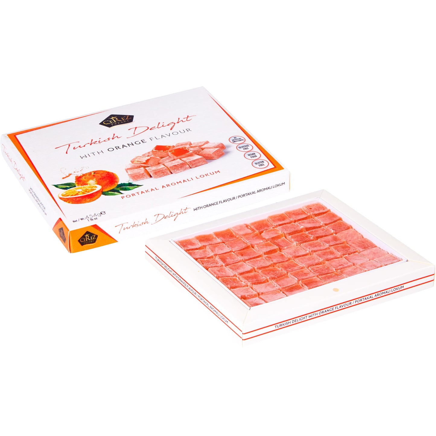 Cerez Pazari Turkish Delight with Orange Flavor 454 gr Gourmet Medium Size Snacks Gift Box | No Nuts Sweet Luxury Traditional Confectionery Vegan Soft Candy Dessert Glucose Free Lokum Approx.42 Pcs