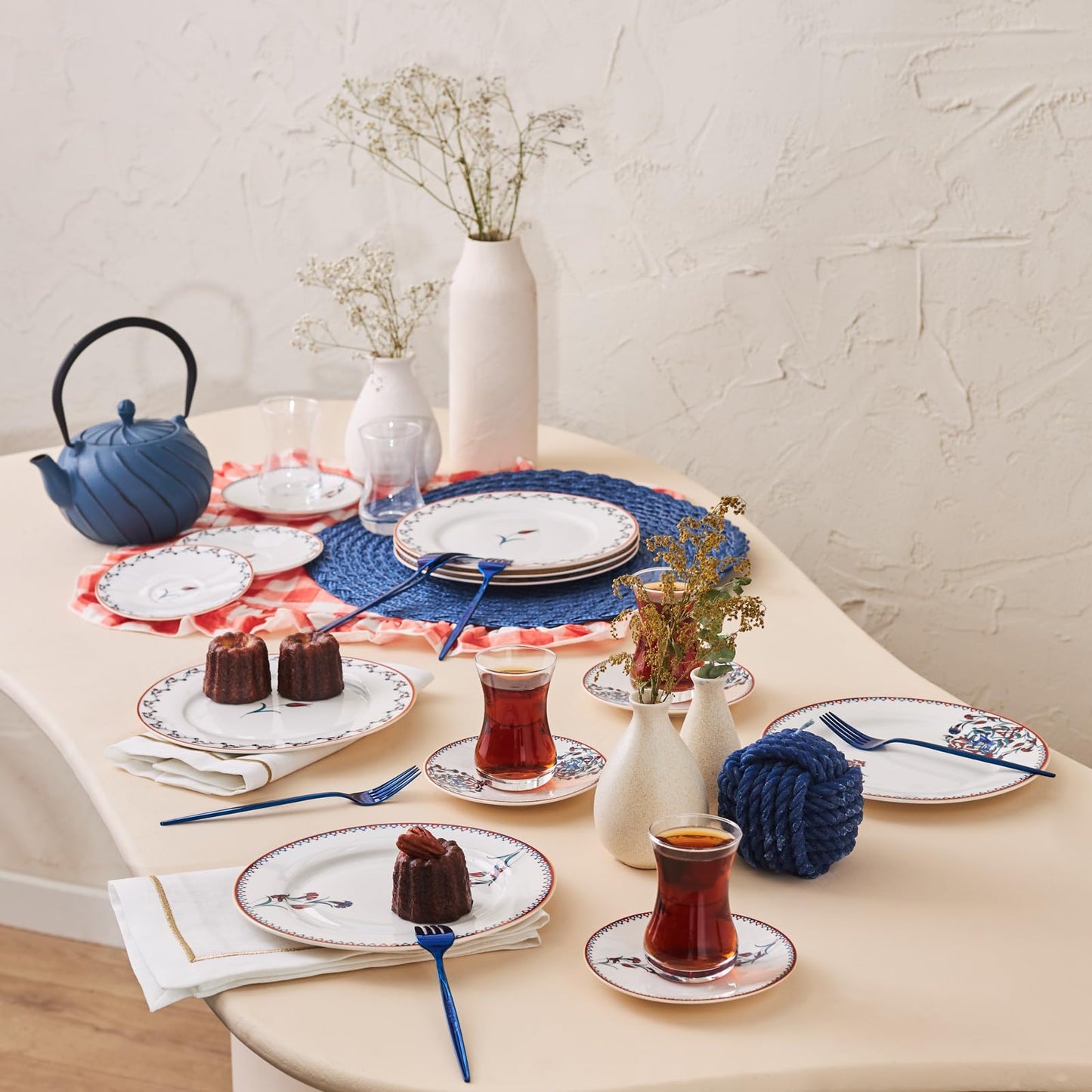 Karaca Nakkas Turkish Teacups & Appetizer Plate Set for 6 People - Colorful Dessert Plates (7.4"), Small Turkish Tea Glasses with Saucers - 18 Piece Glass Tea Cups & Porcelain Dish Set