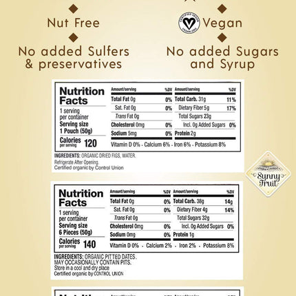 Sunny Fruit Organic Dried Fruit Assortment - Dates, Figs & Apricots Variety, 3 Bags (15 Individual Portion Packs) | ORGANIC, NON-GMO, VEGAN, HALAL, KOSHER, NO PRESERVATIVES, NO SUGAR ADDED