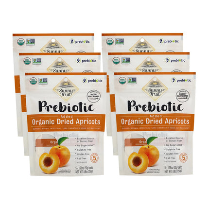 Sunny Fruit Organic Prebiotic Apricots - 6 Bags (30 Individual Portion Packs) | Convenient Snack Packs with Prebiotic Fiber | ORGANIC, NON-GMO, KOSHER, HALAL, NO PRESERVATIVES, NO SUGAR ADDED