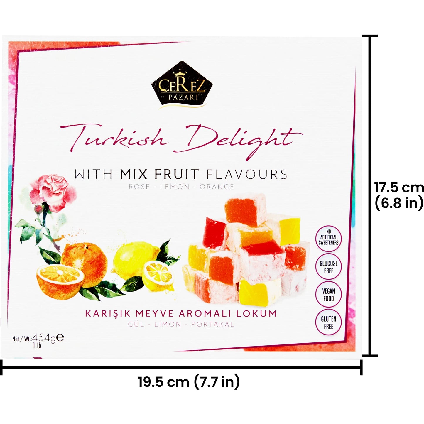 Cerez Pazari Turkish Delight With Rose, Orange, & Lemon Flavors, Gourmet Medium Size Snacks Gift Box, Traditional Confectionery Loukoumi, Vegan Candy Dessert Lokum, No Nuts, 16 oz.