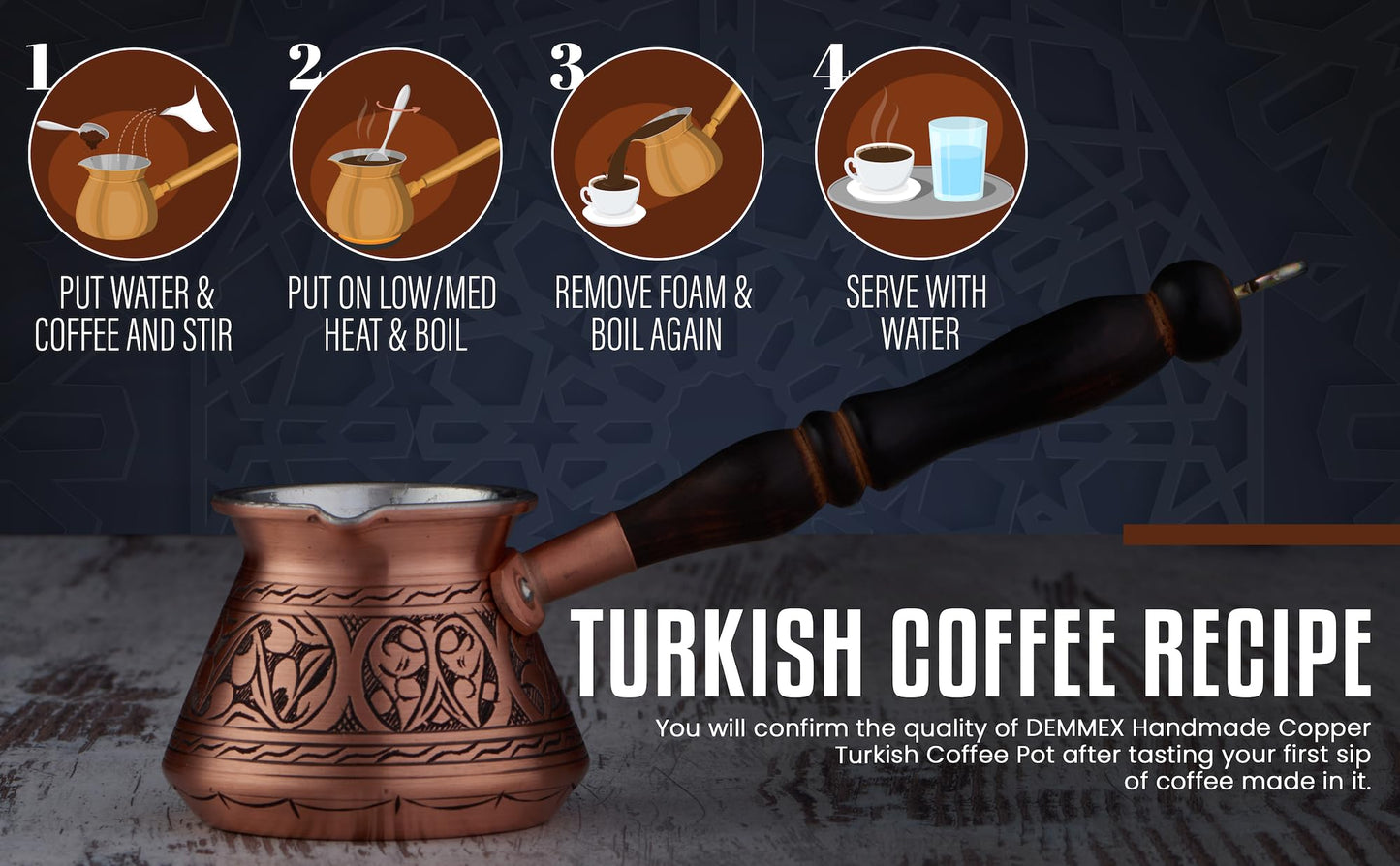 DEMMEX Thickest Engraved Solid Copper Turkish Coffee Pot – Stovetop Greek, Arabic Coffee Maker, Cezve, Ibrik, Briki – Wooden Handle & Spoon - Handmade in Turkey (Matte Copper, 9 fl Oz (3ppl))