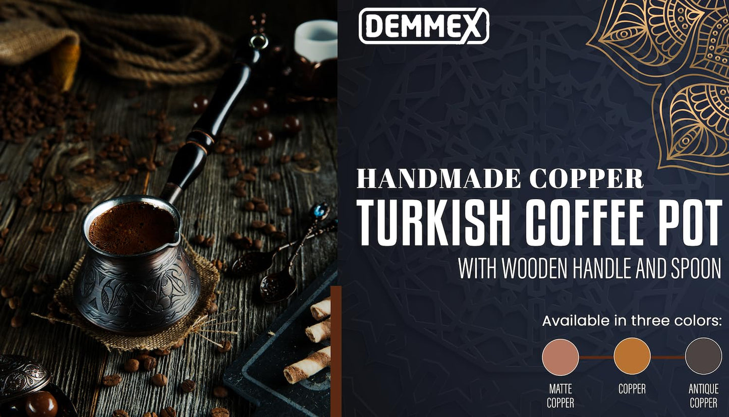 DEMMEX Thickest Copper Turkish Greek Arabic Coffee Pot, Stovetop Coffee Maker, Cezve Ibrik Briki with Wooden Handle & Wooden Spoon, Hand Engraved (Matte Copper, 15 fl Oz)