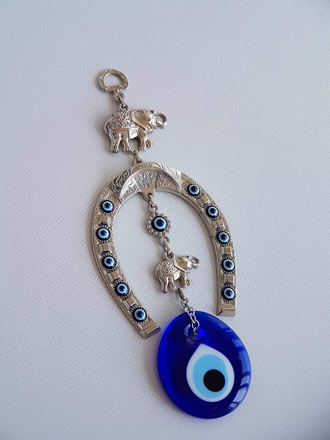 Erbulus Turkish Silver Horse Shoe Blue Evil Eye Wall Hanging Ornament with Elephant - Turkish Nazar Bead Amulet – Home Protection and Good Luck Charm Gift in a Box