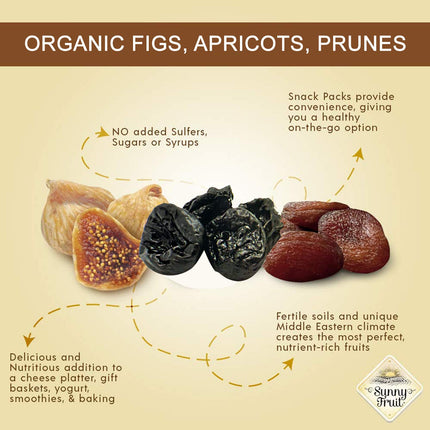 Sunny Fruit Organic Dried Fruit Assortment - Prunes, Figs & Apricots Variety, 3 Bags (15 Individual Portion Packs) | ORGANIC, NON-GMO, VEGAN, HALAL, KOSHER, NO PRESERVATIVES, NO SUGAR ADDED