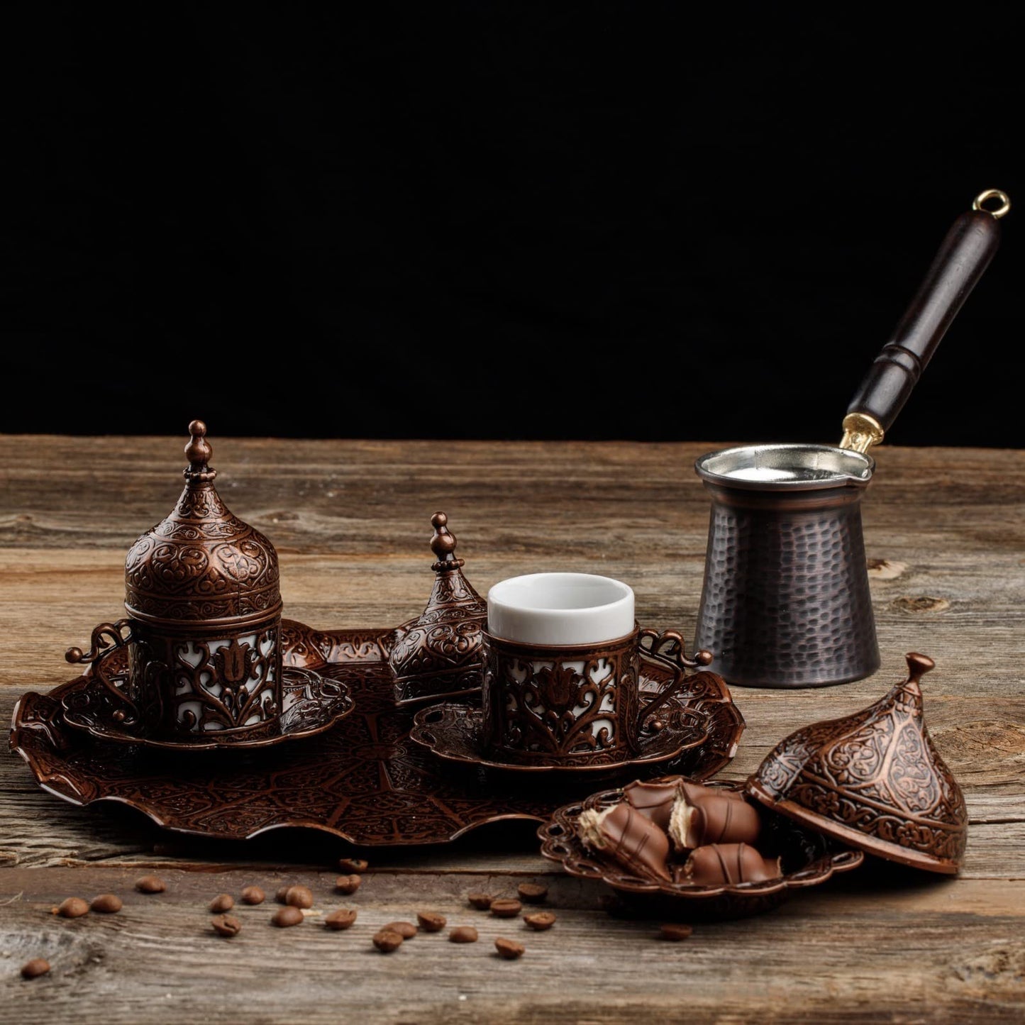 DEMMEX Turkish Greek Arabic Coffee Making and Serving Full Set with Cups, Saucers, Lids, Sugar Bowl, Tray and Antiqued Copper Coffee Pot, 12 Pcs (Chocolate)