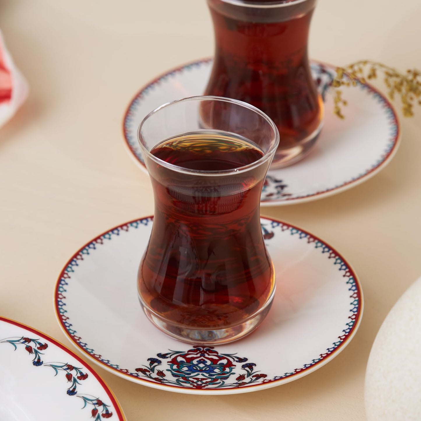 Karaca Nakkas Turkish Teacups & Appetizer Plate Set for 6 People - Colorful Dessert Plates (7.4"), Small Turkish Tea Glasses with Saucers - 18 Piece Glass Tea Cups & Porcelain Dish Set
