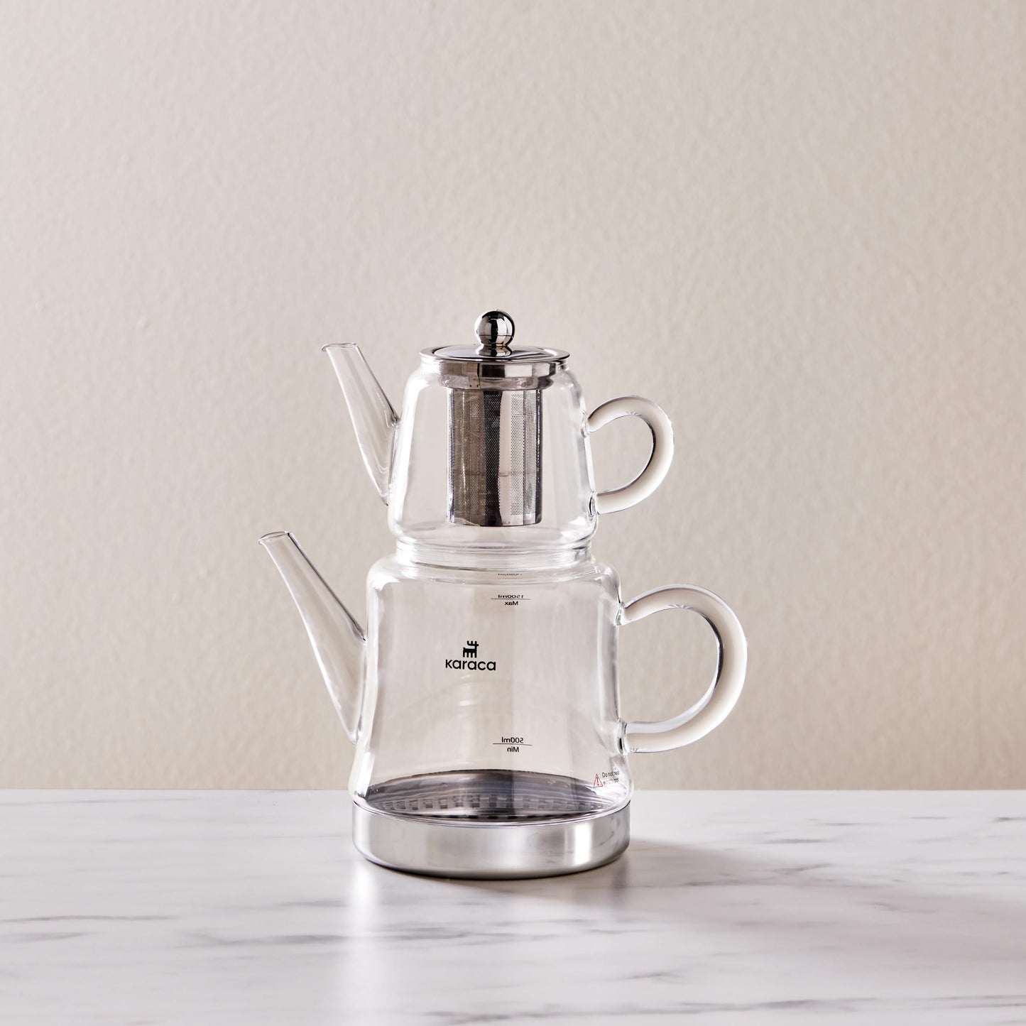 Karaca Dora Teapot Set, Glass, Tea Pot 0.45 L, Kettle 1.8 L, Silver, Transparent, Tea Maker, Turkish Tea Kettle, Tea Maker