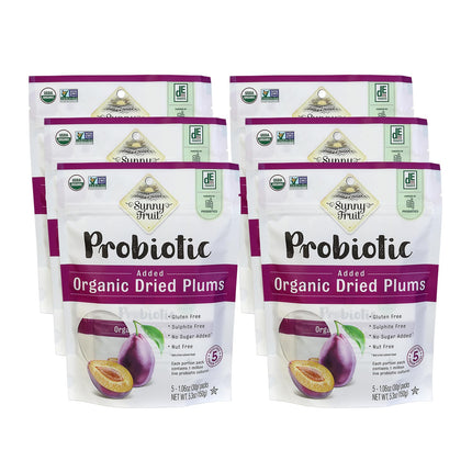 Sunny Fruit Organic Probiotic Prunes - 6 Bags (30 Individual Portion Packs) | Dried Plums Snack Packs with Live Probiotics | ORGANIC, NON-GMO, KOSHER, HALAL, NO PRESERVATIVES, NO SUGAR ADDED