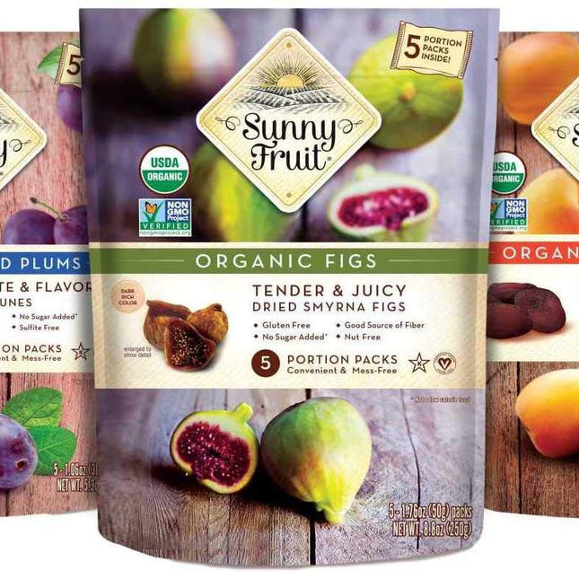 Sunny Fruit Organic Dried Fruit Assortment - Prunes, Figs & Apricots Variety, 3 Bags (15 Individual Portion Packs) | ORGANIC, NON-GMO, VEGAN, HALAL, KOSHER, NO PRESERVATIVES, NO SUGAR ADDED