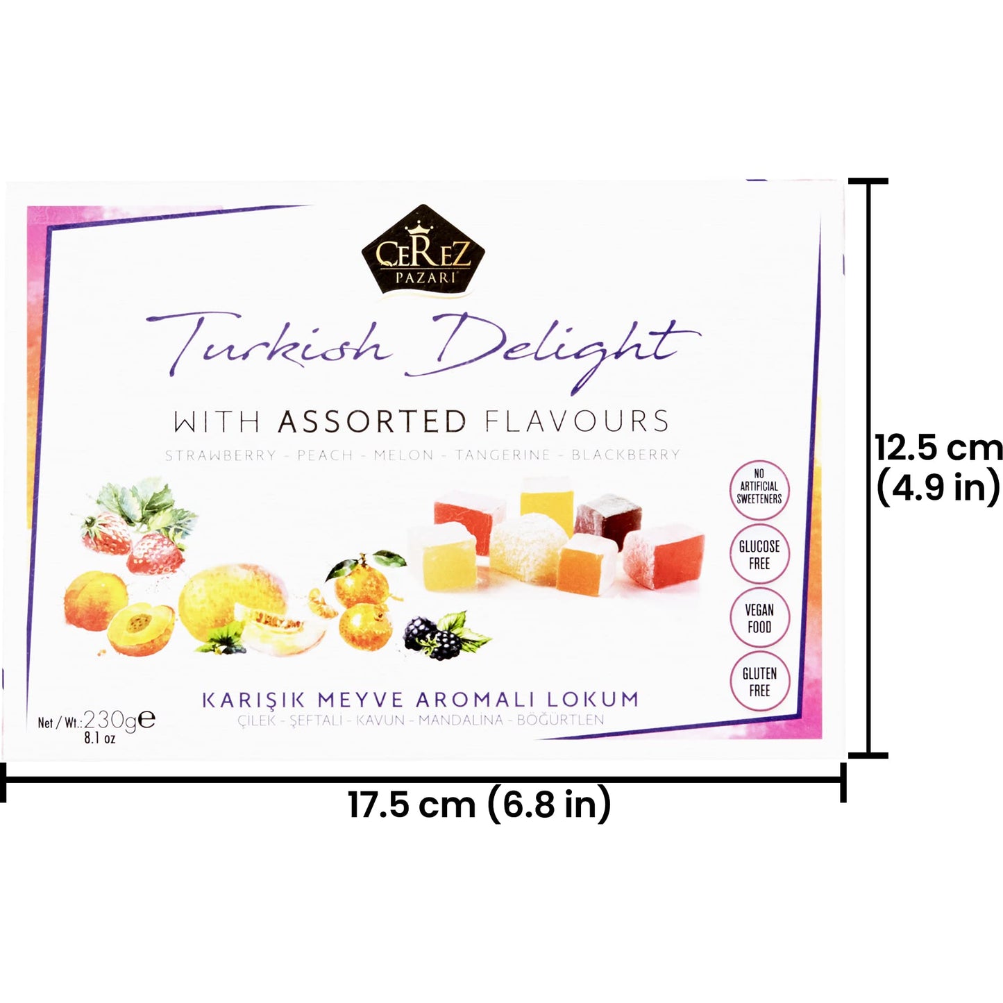 Cerez Pazari Turkish Delights Candy With Assorted Mix Flavors, Vegan Fruit Snacks Gift Box, Sweet Luxury Traditional Confectionery Lokum, Loukoumi With No Nuts, 8.1 oz.