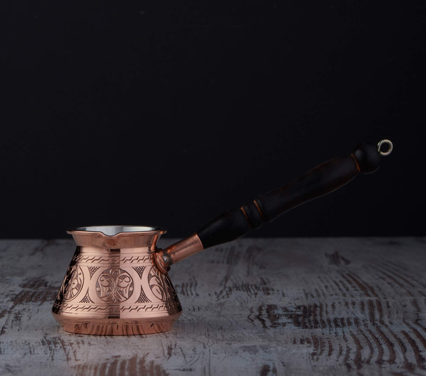 DEMMEX Thickest Copper Turkish Greek Arabic Coffee Pot, Stovetop Coffee Maker, Cezve Ibrik Briki with Wooden Handle & Spoon, Hand Engraved (Copper, 9 fl Oz-3 ppl)