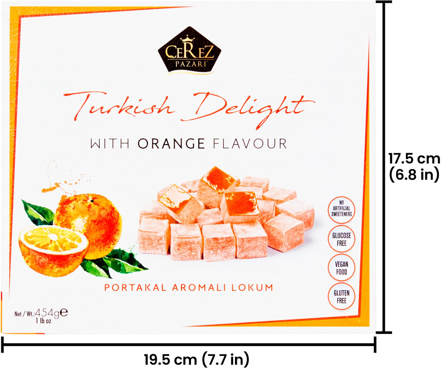 Cerez Pazari Turkish Delight with Orange Flavor 454 gr Gourmet Medium Size Snacks Gift Box | No Nuts Sweet Luxury Traditional Confectionery Vegan Soft Candy Dessert Glucose Free Lokum Approx.42 Pcs