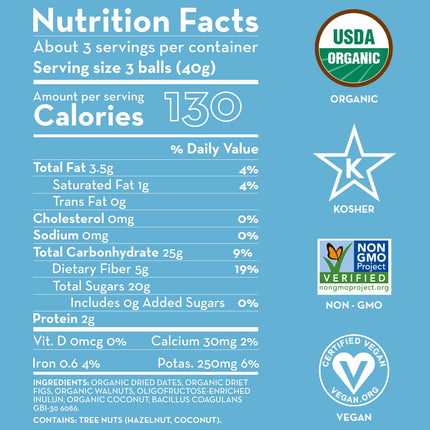 Sunny Fruit 100% RAW Fruit & Nut Snacks, Fig & Walnut, 1-Pack (9 Balls Per Bag) | Healthy, Convenient, On-the-Go Energy Balls | ORGANIC, VEGAN, GLUTEN-FREE, KOSHER, NO ADDED SUGAR