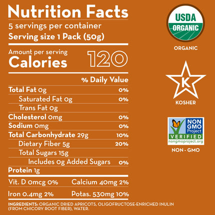 Sunny Fruit Organic Prebiotic Apricots - 6 Bags (30 Individual Portion Packs) | Convenient Snack Packs with Prebiotic Fiber | ORGANIC, NON-GMO, KOSHER, HALAL, NO PRESERVATIVES, NO SUGAR ADDED