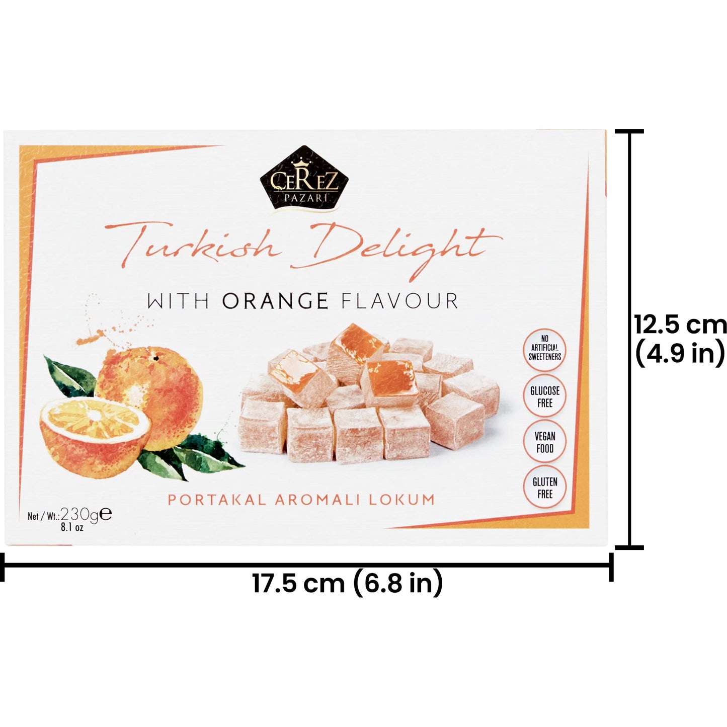 Cerez Pazari Turkish Delight Orange Flavor, Gourmet Small Size Snacks Gift Box, Sweet Traditional Confectionery, Vegan Soft Candy Dessert Loukoumi, Nut & Glucose-Free Lokum, Approx. 40 Pcs, 8.1 oz.