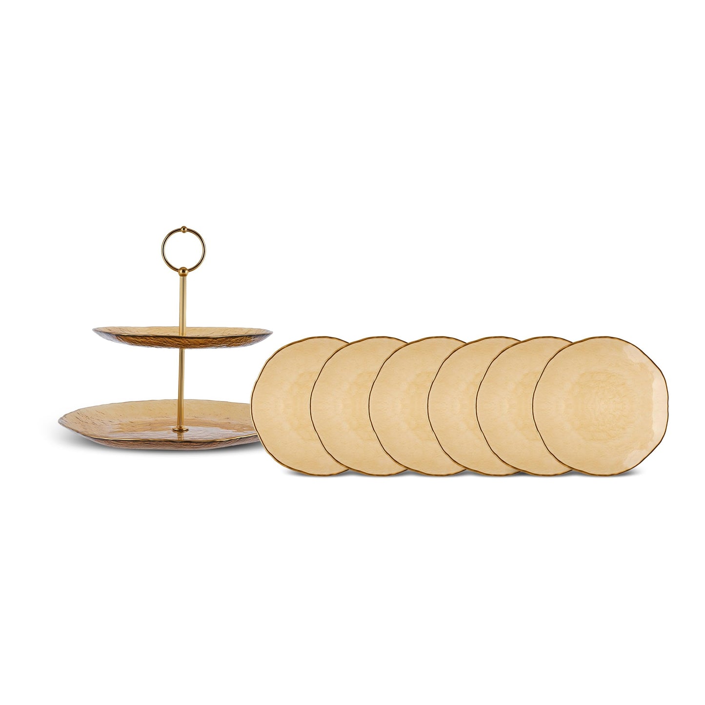 KARACA Dune Glass 7-Piece Dessert Set for 6 People, Cake Stand, Side Plate, Brown
