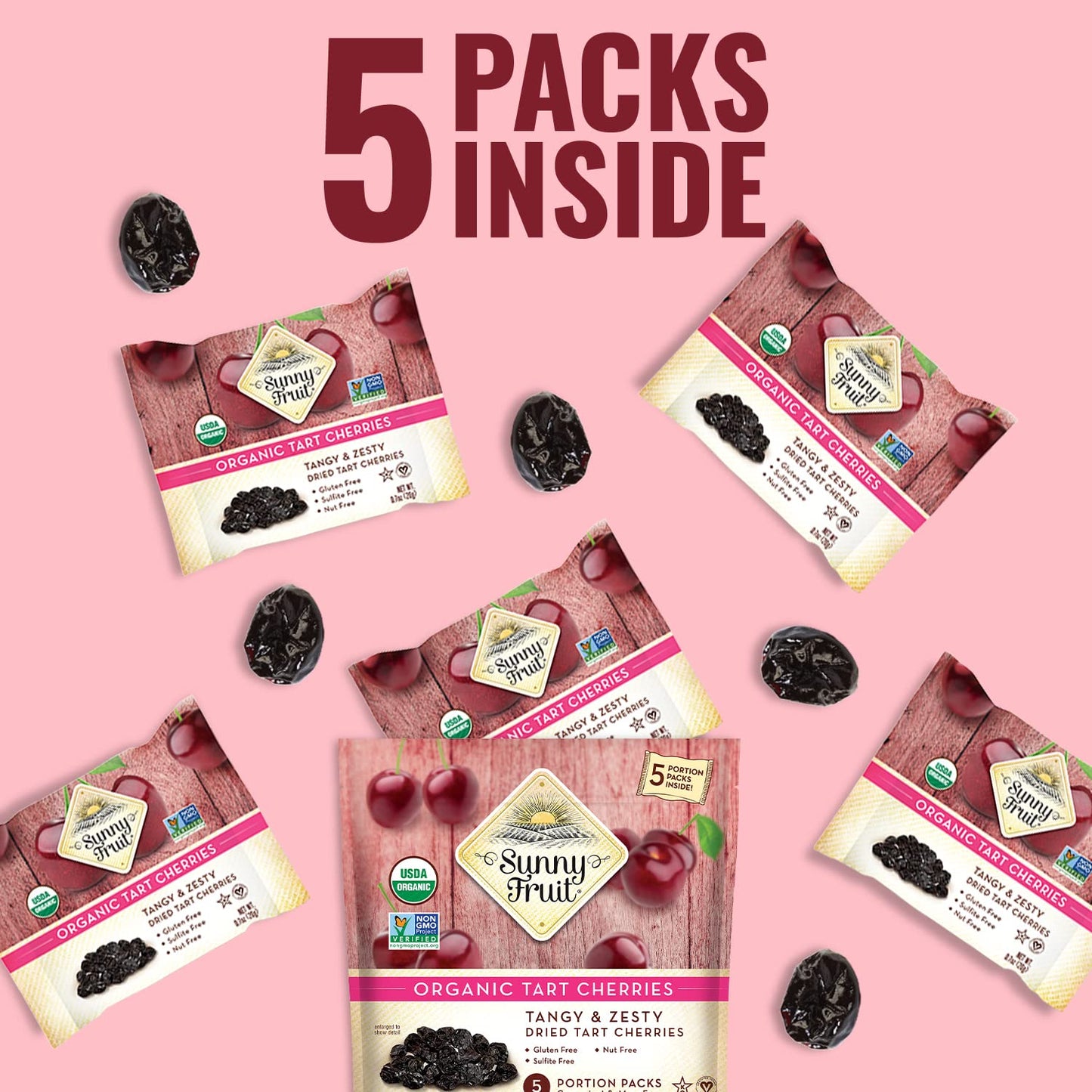 Sunny Fruit Soft Organic Dried Tart Cherries - 6 Bags (30 Individual Portion Packs) | Healthy, Convenient Snack Packs | ORGANIC, NON-GMO, VEGAN, HALAL, KOSHER, NO PRESERVATIVES