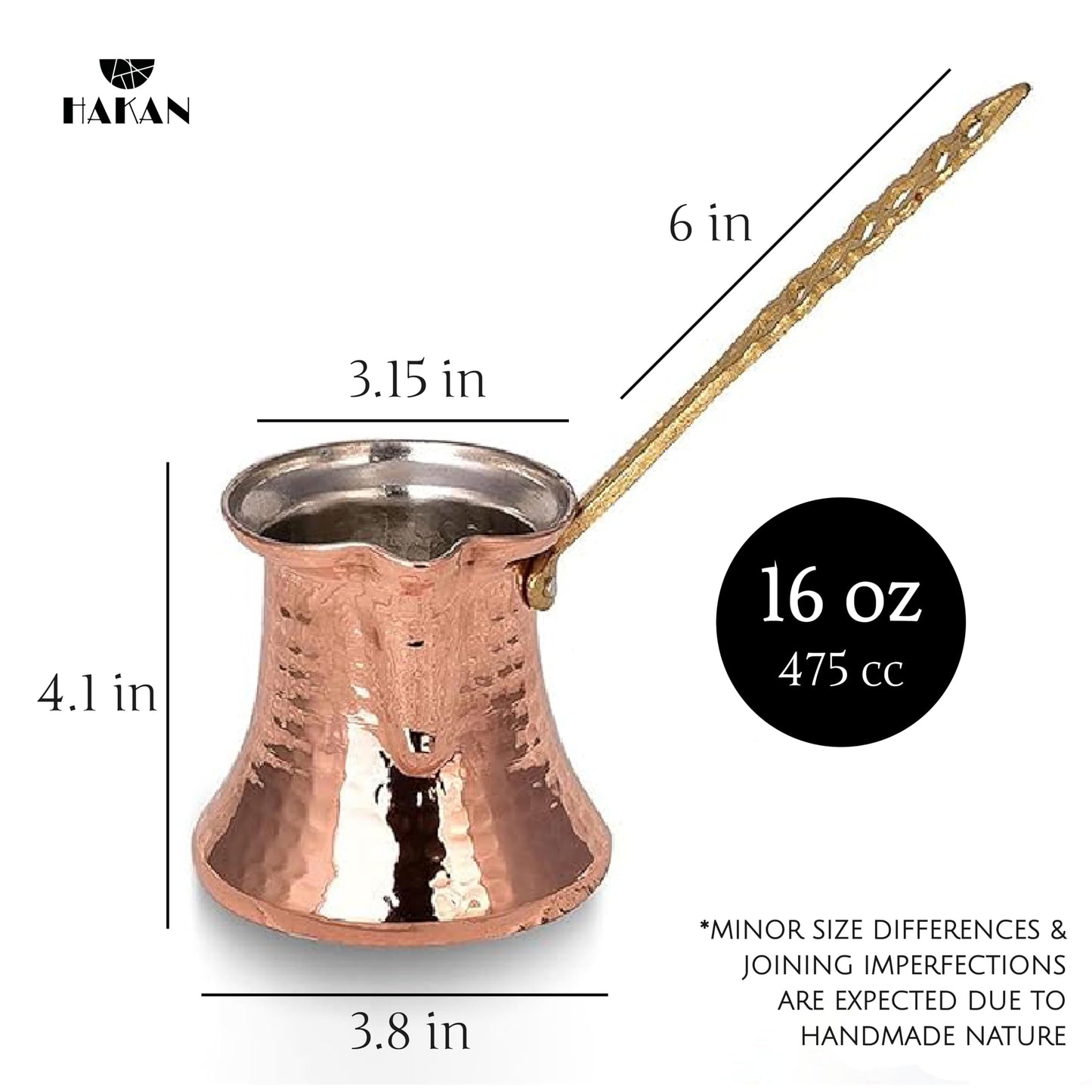 Hakan Turkish Coffee Pot | Stove Top Water Boiler, Coffee Maker, Butter, Chocolate & Milk Warmer | Even and Quick Heat with Handcrafted Copper Material | Coffee Gifts Idea, 16 Oz (475 cc)