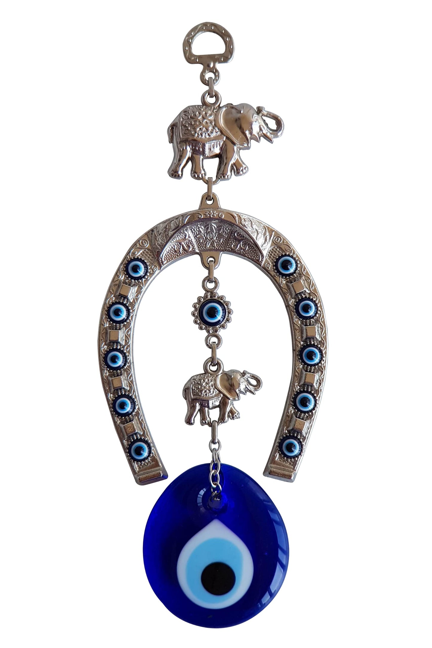 Erbulus Turkish Silver Horse Shoe Blue Evil Eye Wall Hanging Ornament with Elephant - Turkish Nazar Bead Amulet – Home Protection and Good Luck Charm Gift in a Box
