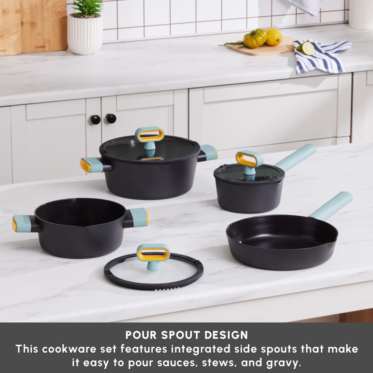 KARACA Fancy Ceramic Cookware Sets Black, Kitchen Pots & Pans Set Non Stick with Lid, Swiss Crystal Surface, Induction Cooking Utensils, 7-Piece, Dishwasher Safe
