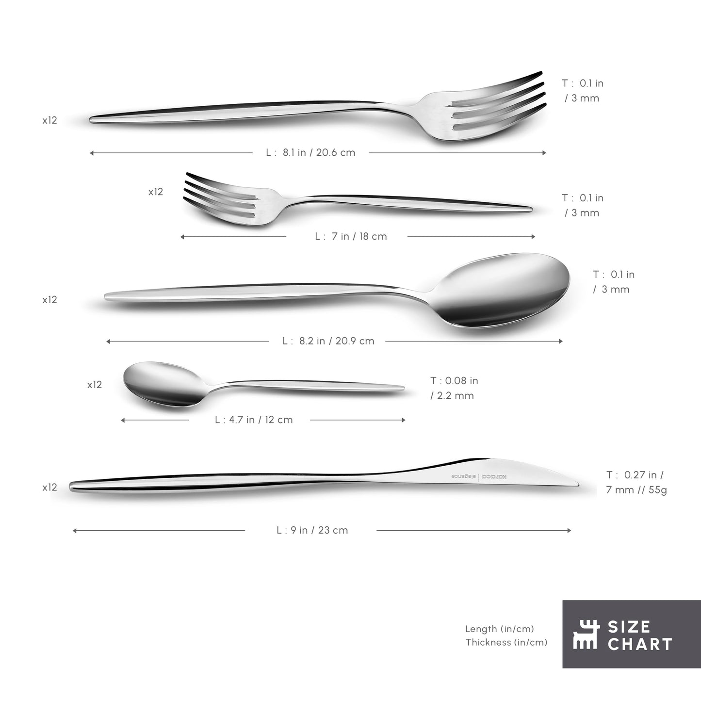Karaca Lizbon 60-Piece Cutlery Set for 12 People -18/10 Stainless Steel, Dinnerware Tableware Silverware Service, includes Forks, Spoons, knives, forks, Teaspoons, Mirror Polished, Dishwasher Safe