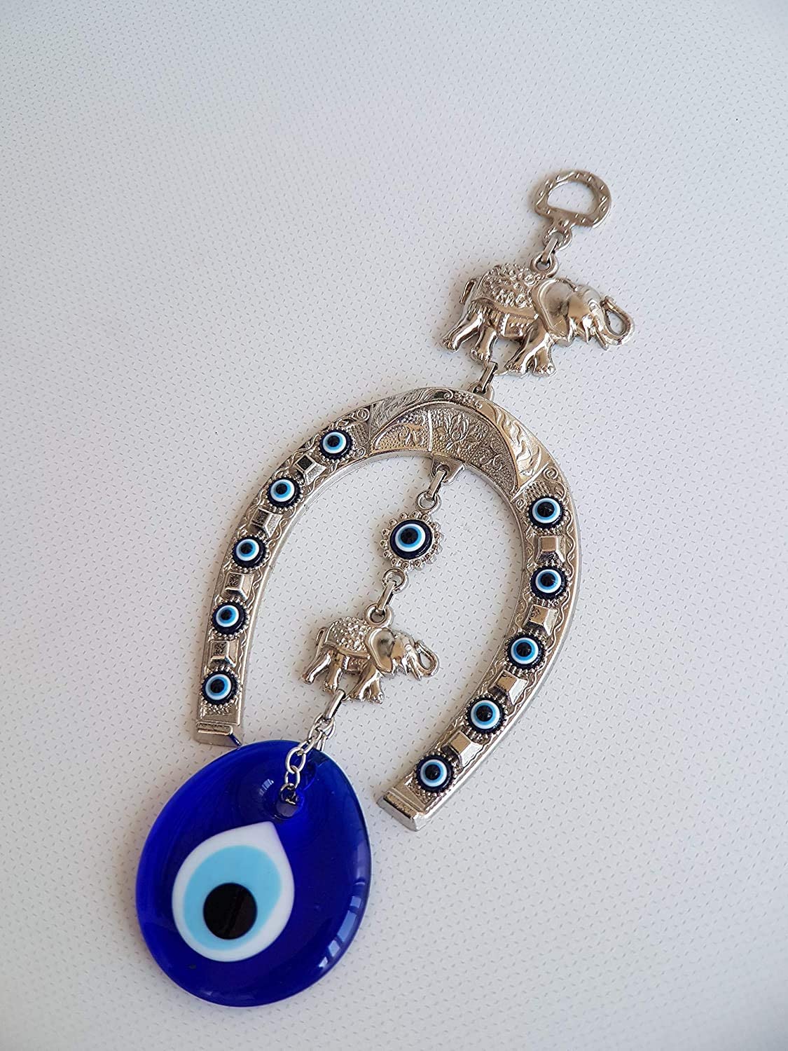 Erbulus Turkish Silver Horse Shoe Blue Evil Eye Wall Hanging Ornament with Elephant - Turkish Nazar Bead Amulet – Home Protection and Good Luck Charm Gift in a Box