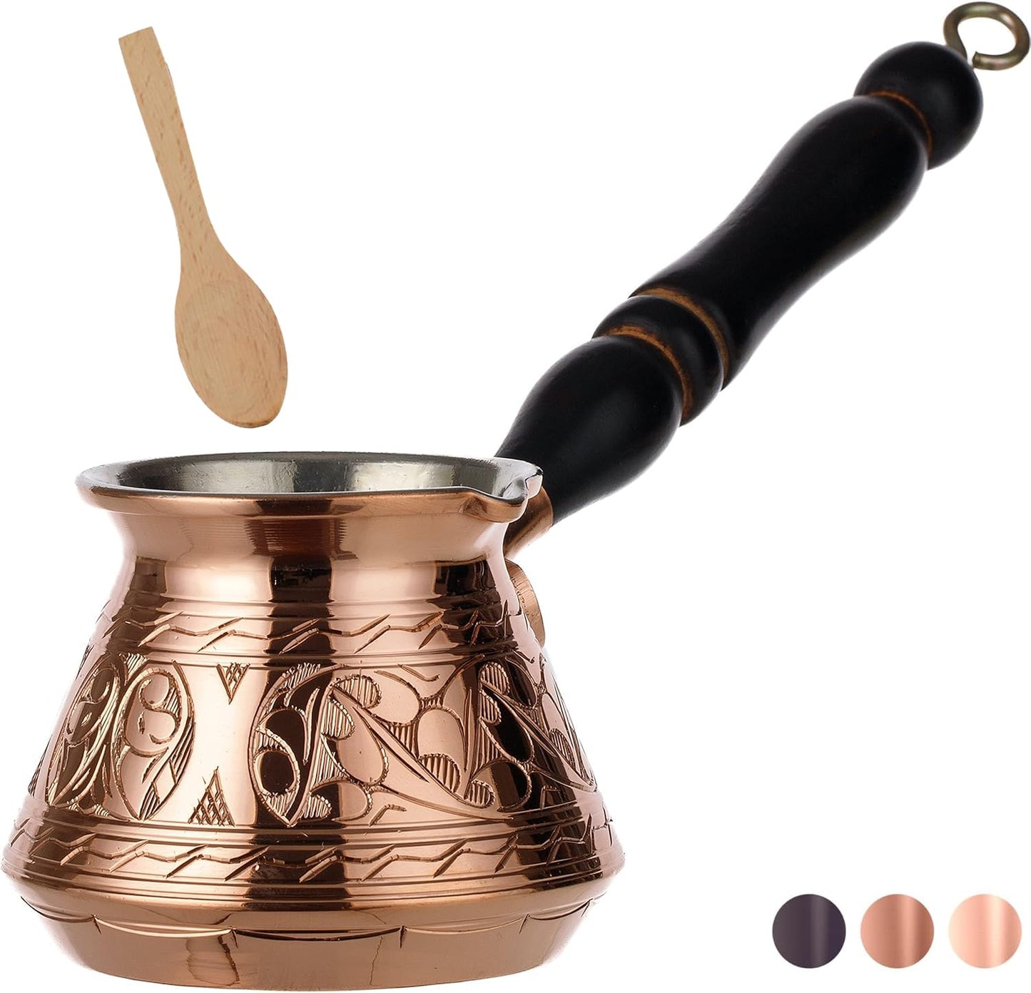 DEMMEX Thickest Copper Turkish Greek Arabic Coffee Pot, Stovetop Coffee Maker, Cezve Ibrik Briki with Wooden Handle & Spoon, Hand Engraved (Copper, 9 fl Oz-3 ppl)