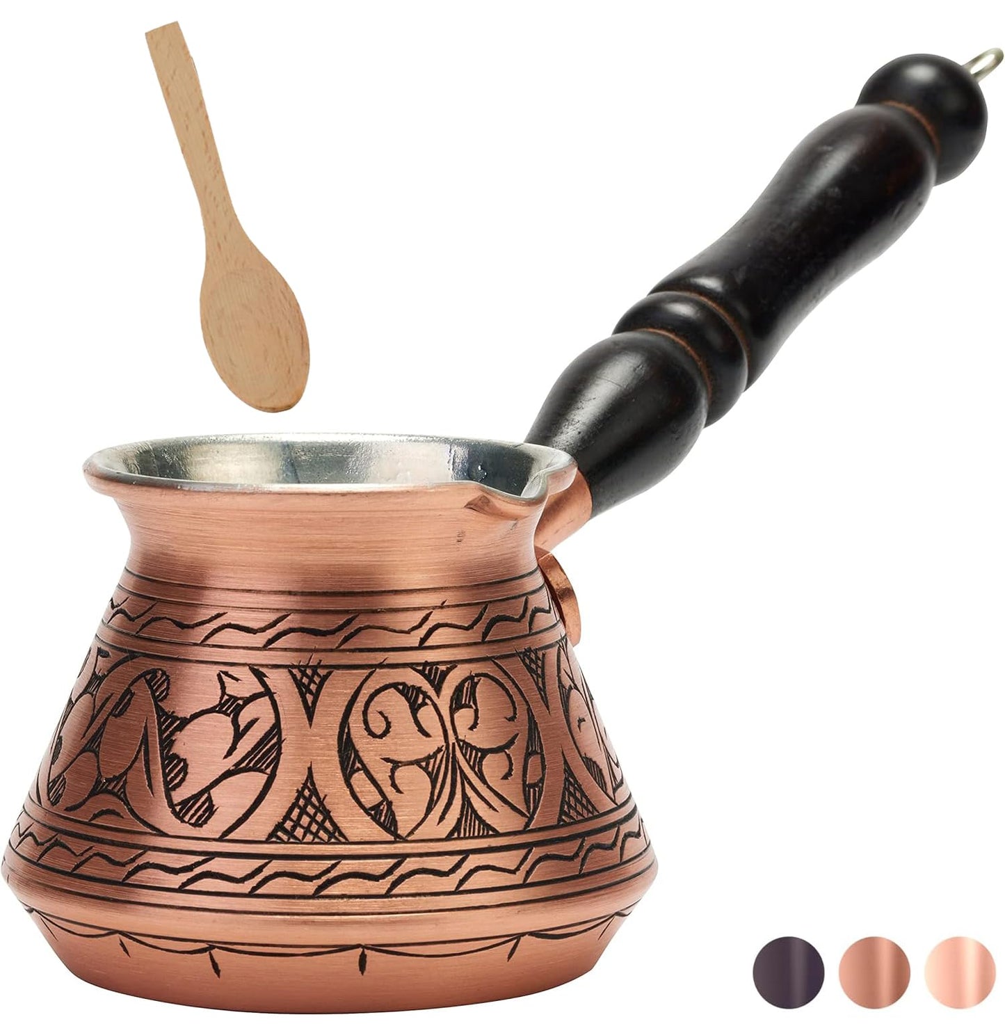 DEMMEX Thickest Engraved Solid Copper Turkish Coffee Pot – Stovetop Greek, Arabic Coffee Maker, Cezve, Ibrik, Briki – Wooden Handle & Spoon - Handmade in Turkey (Matte Copper, 9 fl Oz (3ppl))